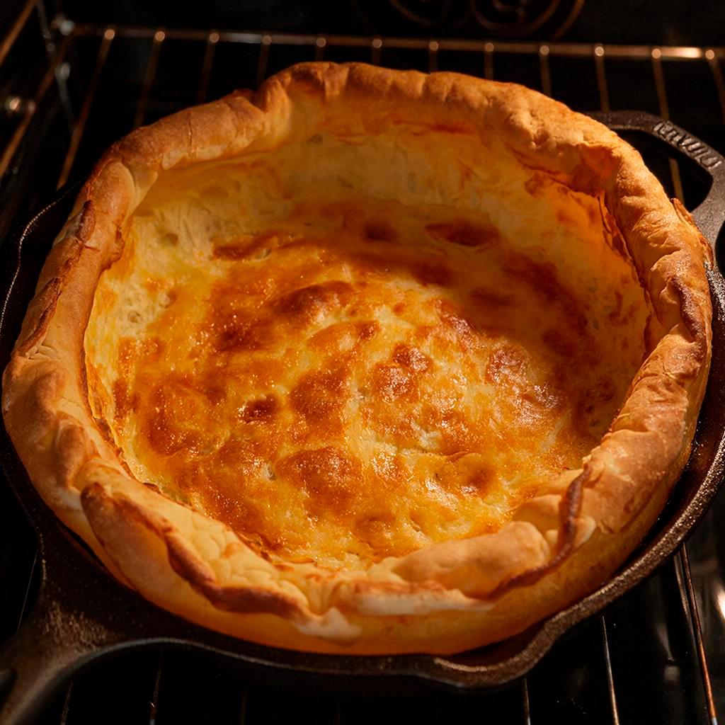 Процесс выпекания голландского блина Голландский блин поднимается в духовке