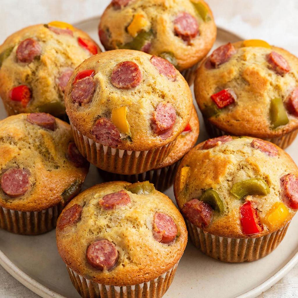 Маффины с колбасой и перцем Маффины с колбасой и болгарским перцем с золотистой корочкой на светлой тарелке