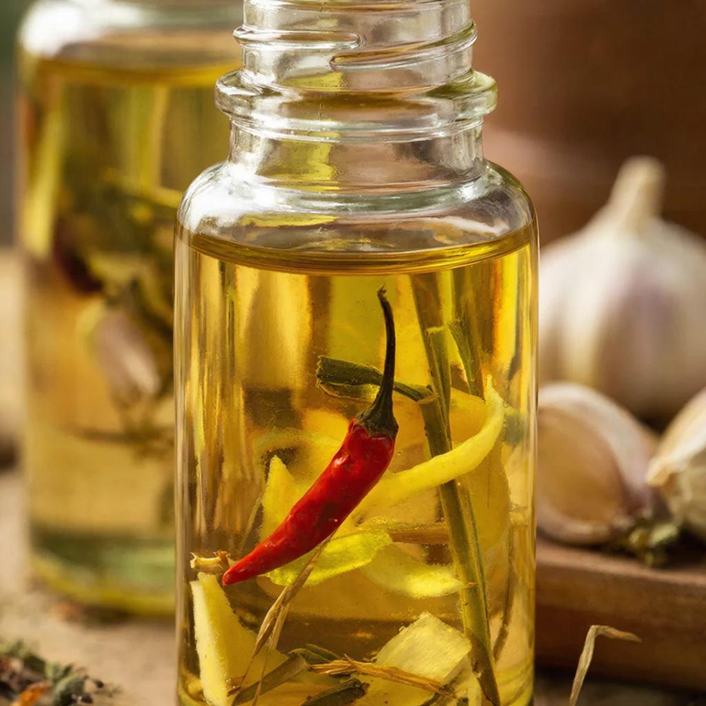 Масло с травами и чили Масло с сушеными травами, чесноком, лимонной цедрой и перцем чили в бутылке