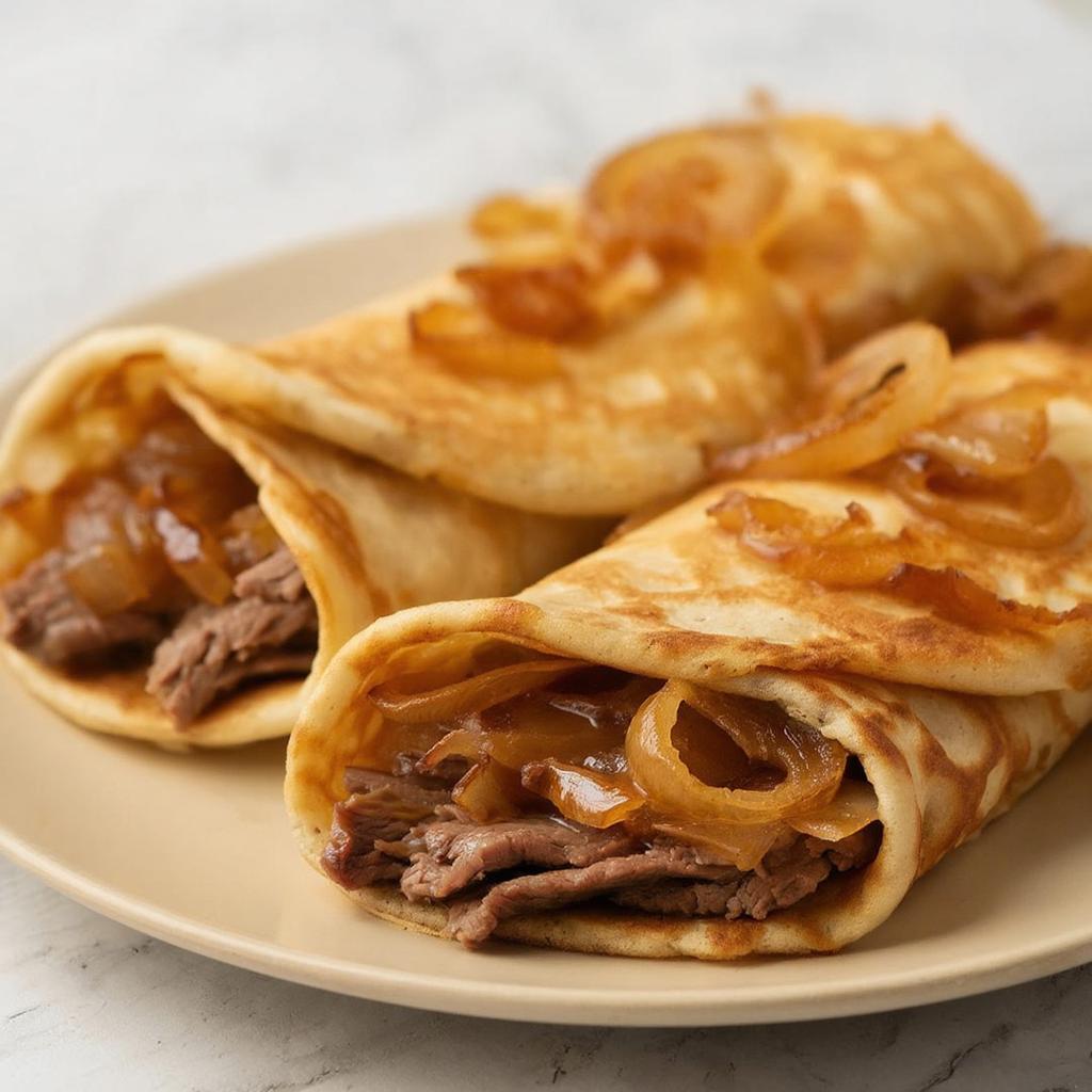 Блины с мясом и луком Блинчики с мясной начинкой из говядины и карамелизованным луком на светлой тарелке