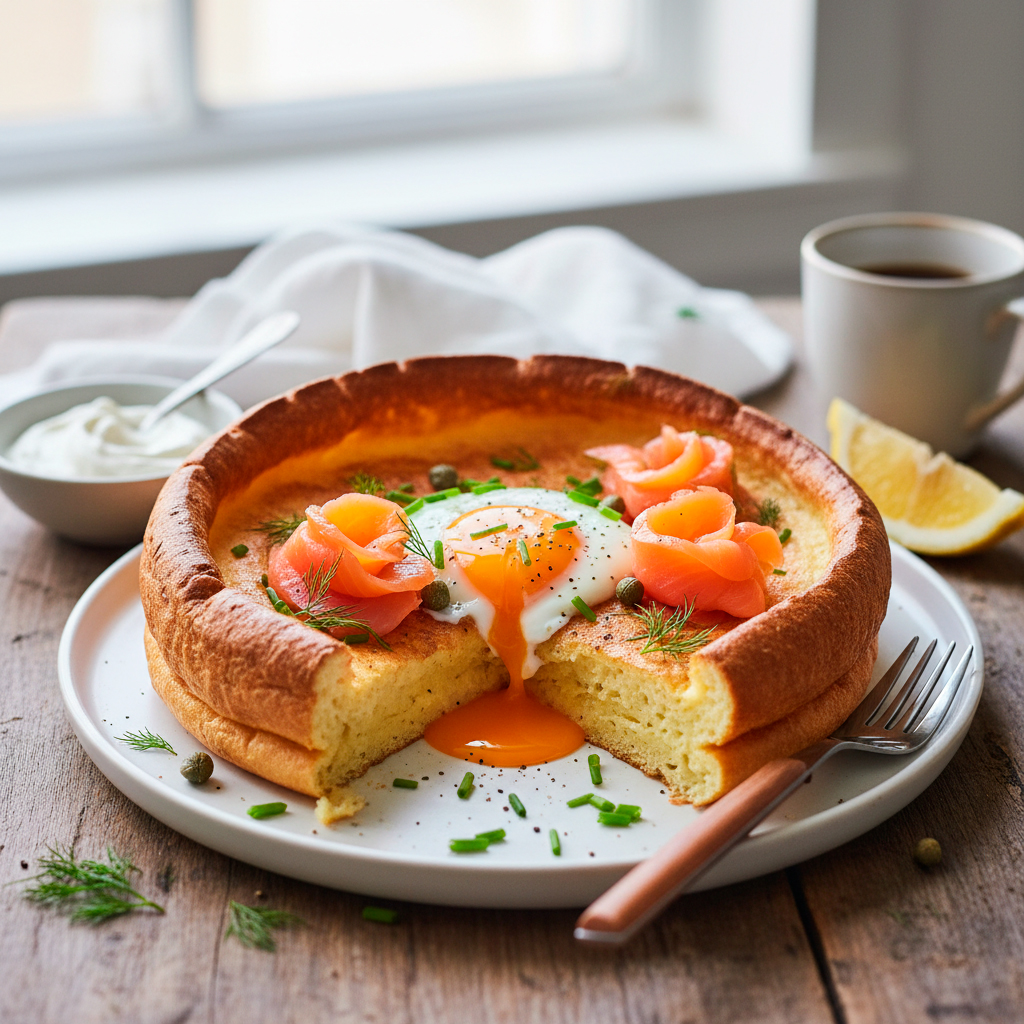 Подача голландского блина с лососем Подача голландского блина с лососем