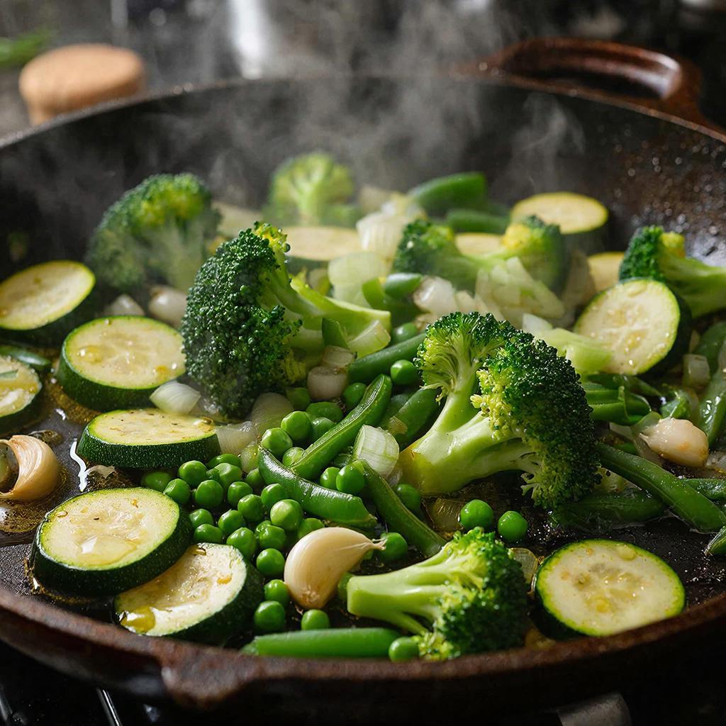 Приготовление постного салата с рисом и зелёными овощами Обжаривание зелёных овощей для риса с брокколи и горошком