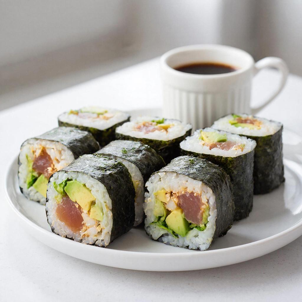 Роллы из цветной капусты Роллы из цветной капусты с тунцом, авокадо и огурцом на тарелке