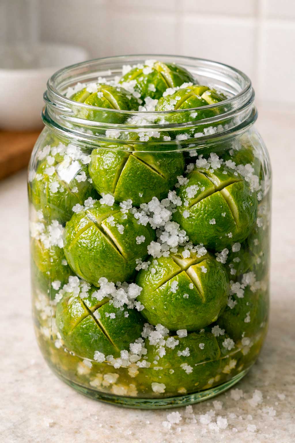Солёные лаймы в банке Солёные лаймы в стеклянной банке с крупной солью
