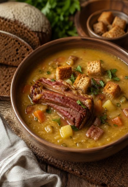 Гороховый суп с копчёностями и сухариками