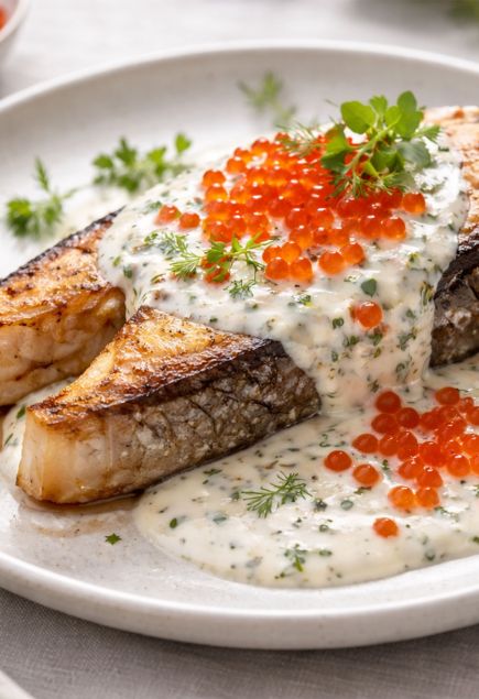 Стейк из осетра на гриле с икорным соусом